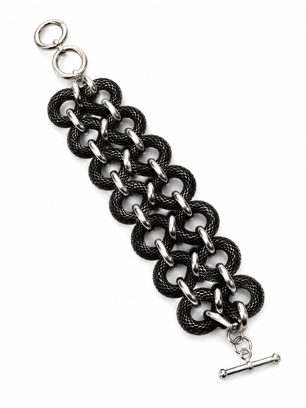 Black Mesh Link Statement Bracelet Silver Tone Toggle Clasp Wide Cuff